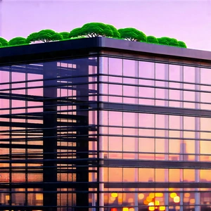 Urban 3d Render: Glass Office Tower With Green Rooftop With Large Building