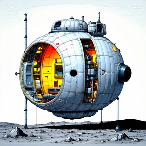 A Large, White, Round Spacecraft Is Shown In A Drawing, With A Dome-shaped Structure On Top
