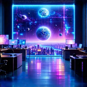 (futuristic:1.33) Tech Startup Office With Image, There