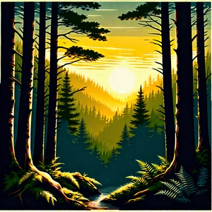 Nature Linocut Print: (forest:1.4) Scene During Golden Hour With Beautiful Sunset