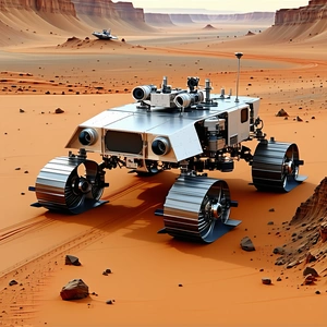 A Futuristic Robotic Vehicle Is Driving Across A Rocky Terrain