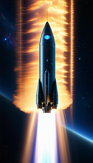A Rocket Is Shown In A Space Scene, With Its Engine On