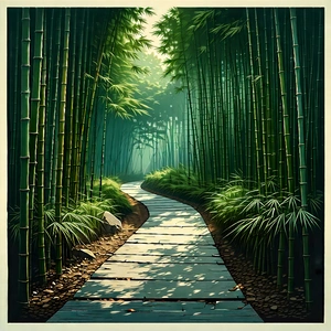 Nature Etching: Path Through Bamboo Grove With Serene Forest