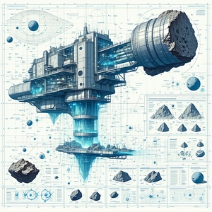 A Large, Futuristic Space Station Is Depicted In A Blue And White Drawing
