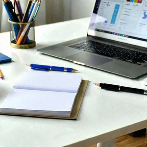 Business Product Photography: Workplace with notebooks and pens on desk