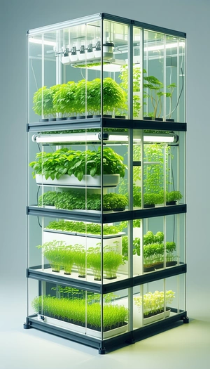 A Large, Multi-tiered Plant Growing System, Filled With A Variety Of Plants