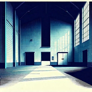 Urban Linocut Print: Converted warehouse with (minimalist:1.25) design