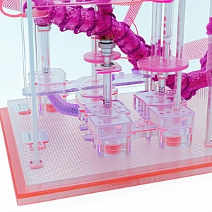 A Pink And Purple Plastic Structure With A Series Of Tubes And Pipes