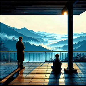Urban Woodcut Print: Observation deck with morning mist