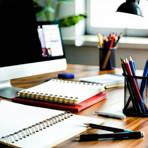 Business Blender Artwork: Workplace with notebooks and pens on desk