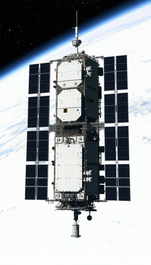 A Large Satellite Is Floating In The Sky, With A Large Number Of Solar Panels On Its Side
