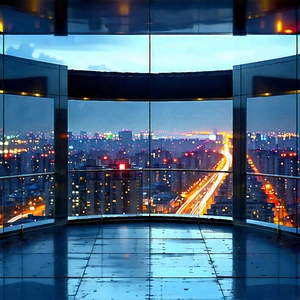 Urban Cinema 4d: Observation Deck With City Lights With Large Glass