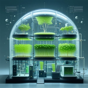 In This Image, There Is A Large, Futuristic Greenhouse Filled With Various Plants