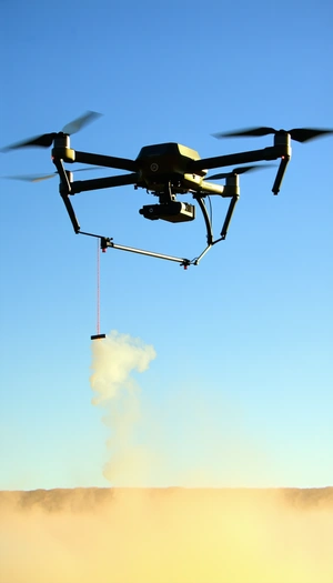 A Large Drone Is Flying In The Sky, With A Rope Trailing Behind It