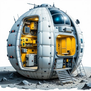 A Large White And Yellow Sphere, Which Appears To Be A Space Station Or A Spacecraft