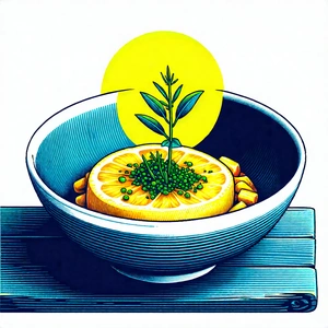 Lifestyle Woodcut Print: Plant-based Dish Prepared With Organic Components With Bowl Filled