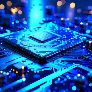 Tech Digital Art: Circuit Board With Blue Light Glow With Close-up Computer