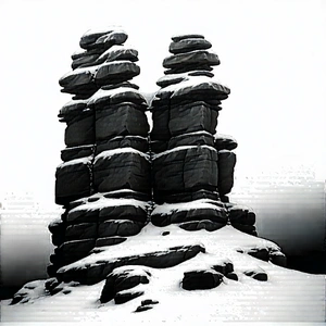 Nature Charcoal Drawing: Rock Formation In Winter Snow With Snowy Landscape