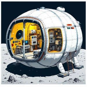 The Image Is A Cartoon Drawing Of A Space Station, Which Is A Large White Sphere With A Hatch Door