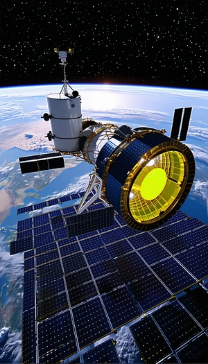 A Large Spacecraft Is Shown In A Close-up View, With A Yellow Light Shining From Its Center