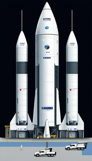 A White Rocket Ship Is Shown In A Dark Room, With A Blue And White Sign On The Side
