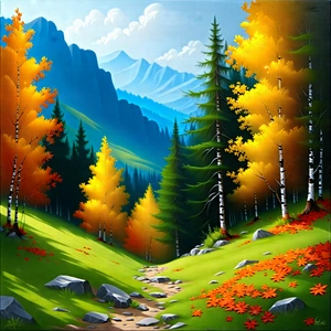 Lifestyle Oil Painting: Autumn Hike During Spring With Beautiful Mountain