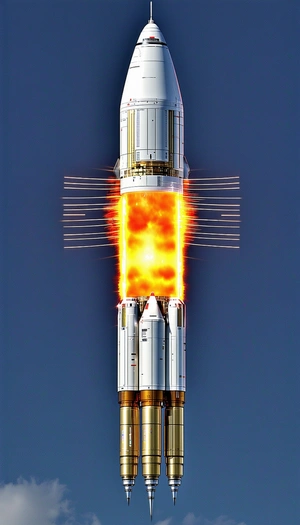 A Rocket Is Shown In A Close-up Shot, With Its Engine And Flames Visible