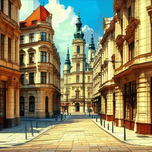 Urban Low Poly: Urban street with historic buildings