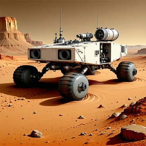 A Futuristic Vehicle Is Parked On A Red Dirt Surface, Possibly On Mars
