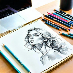 Business Pastel Drawing: Workplace with notebooks and pens on desk