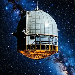 A Large, Round, Yellow And Black Satellite Floating In The Sky