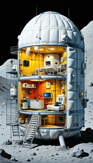 In This Image, There Is A Large, Multi-level Spacecraft With A Variety Of Rooms And Equipment