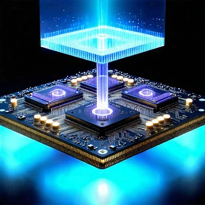 Tech Macro Photography: Quantum Computer With Data Streams With Computer Chip