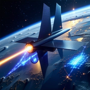 A Futuristic Spacecraft Is Shown Flying Through The Air, With A Blue Light Streaking Behind It