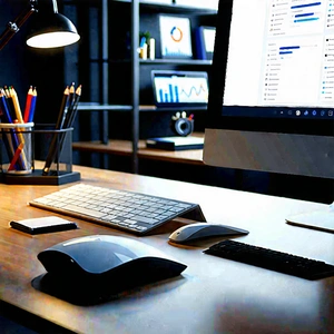 Business Matte Painting: Workplace with productivity tools on desk