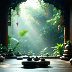 Lifestyle Macro Photography: Wellness Scene With Meditation Space With Beautiful Garden