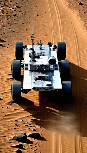 A Large Robotic Vehicle Is Driving Across A Sandy Terrain