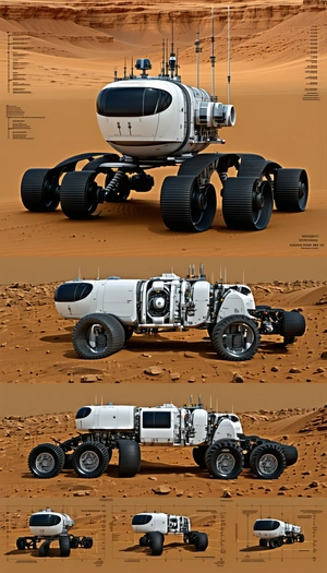 The Image Is A Split-screen Display Of A White Vehicle, Possibly A Rover, On A Red Dirt Surface