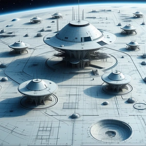 A Futuristic Space Station Is Shown In A Drawing, With A Large Dome-shaped Structure At The Center