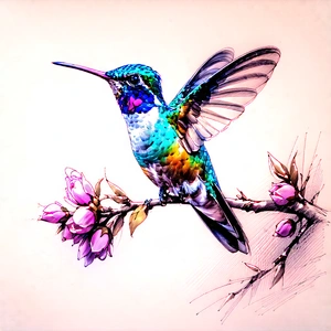 Nature Pencil Sketch: Hummingbird In Natural Habitat With Colorful Hummingbird