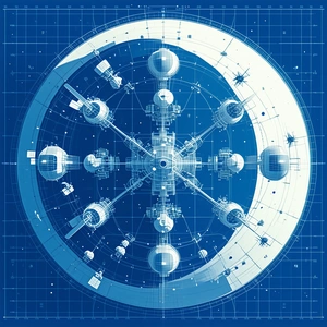 A Blue And White Drawing Of A Space Station Is Displayed