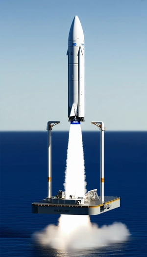A Large Rocket Is Being Launched From A Platform In The Ocean
