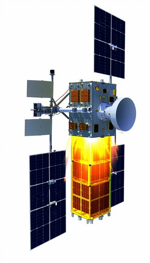 A Spacecraft Is Shown In A Close-up View, With Its Engine Glowing Brightly
