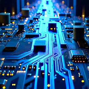 Circuit Board With Data Streams With Blue White