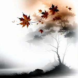 Nature Ink Drawing: Autumn Leaves In Misty Environment With Image, There