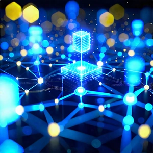 Tech Long Exposure Photography: Blockchain Network Visualization With Blue Yellow