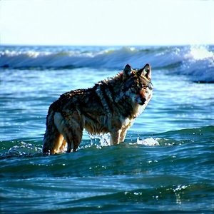 Nature Landscape Photography: Wolf In (ocean:1.28) Waters With Wolf Standing