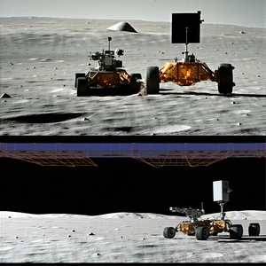 A Rover On A Barren, Rocky Surface, Likely On The Moon