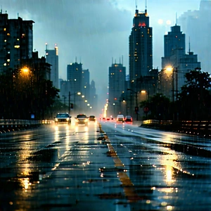 Urban Editorial Photography: Cityscape of urban skyline during rainy evening