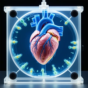 A Heart Is Shown In A Clear Plastic Container, Surrounded By Various Microscopic Organisms
